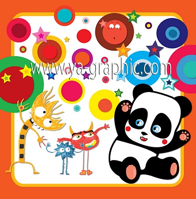 illustration de la fête : panda et petits monstres